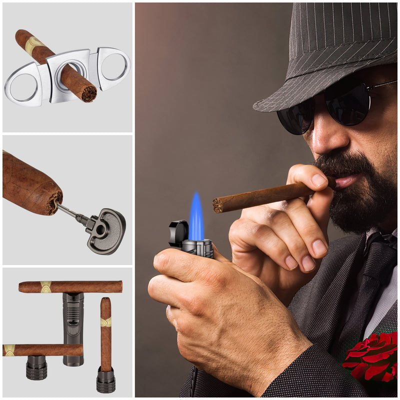 Cigar Torch Lighter, Triple Flame Refillable Butane Jet Lighter, Cigar Punch, Cigar Draw Enhancer, Cigar Holder, All-in-one Lighters, Cigar Cutter, Cigar Accessories, Gifts for Men- Gas Not Included