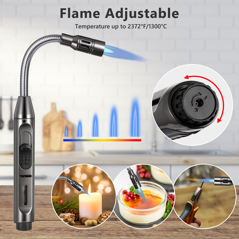 Butane Torch Lighter, 10.1 inches Long Lighter Refillable Jet Flame Adjustable Windproof Lighter with Fuel Level Window for Kitchen BBQ Candles Gas Fireplace Charcoal- Butane Not Included