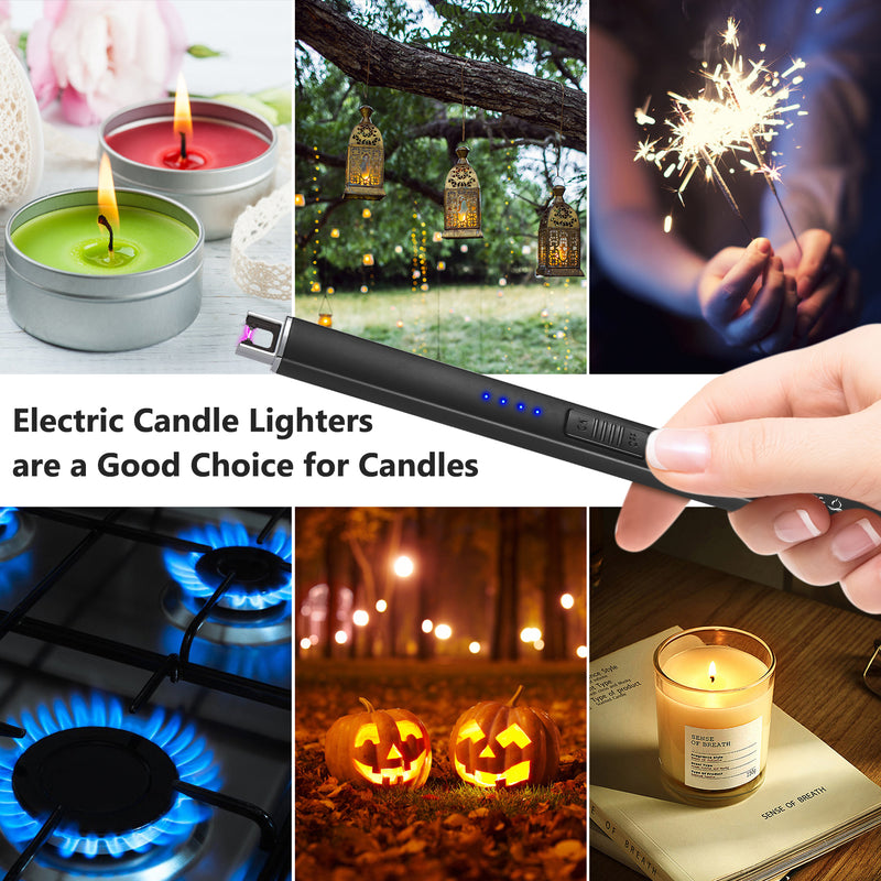Electric Candle Lighter, USB Rechargeable Plasma Arc Flameless Windproof Lighter with Safe Button LED Battery Display for Kitchen Champagne Candle Camping Grill Fireplace